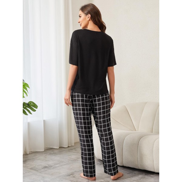 Dame Lounge-sett i bomull og lin med kort erme - Pyjamas - Løstsittende loungewear Black S