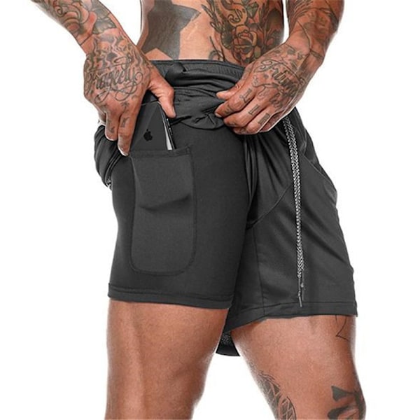 Herr 2 i 1 löparshorts andningsbara aktiva gym träningshorts Black L