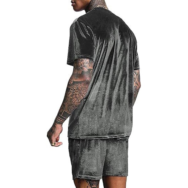 Män Velour Skjorta Pullover Shorts 2-Delad Outfit Spårkostym grey M