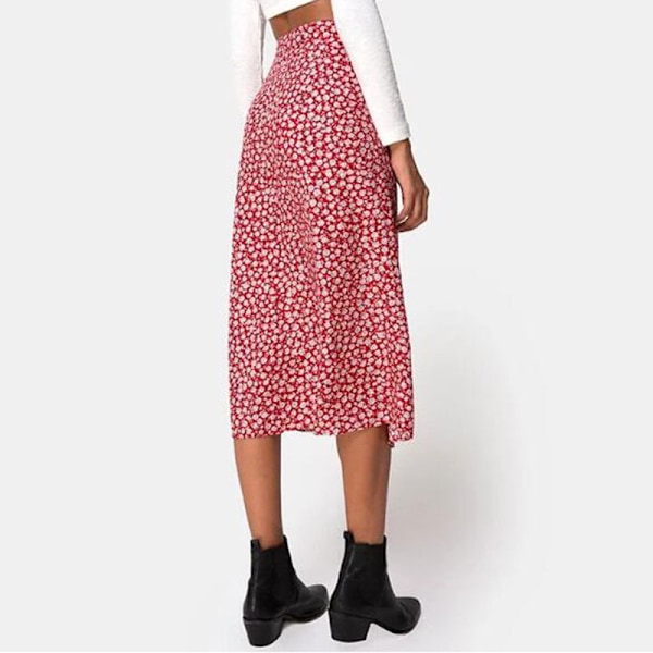 Sommerlige, løse midi-nederdele med slids til kvinder, afslappede højtaljede blomsternederdele red and white XL