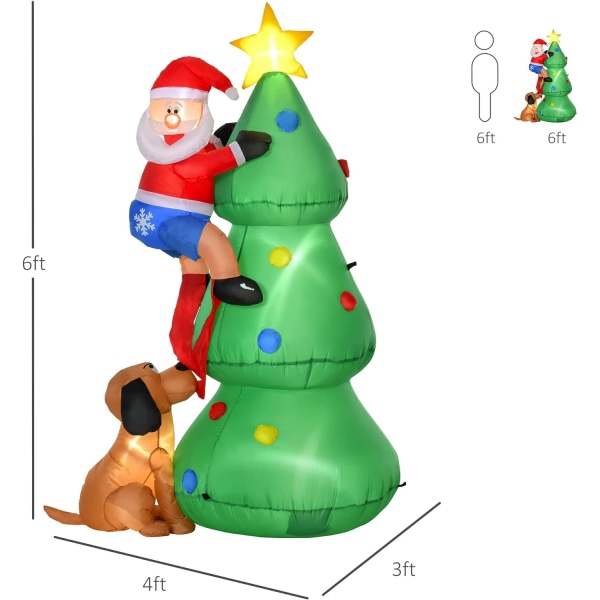 6ft uppblåsbar julgran, jultomten och hunden lyser upp