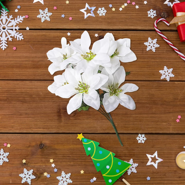 4 stk. Kunstige Juleblomstbuketter - Falske Juleblomster til Julepynt White