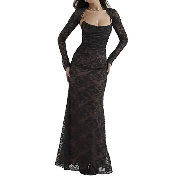 2-delt Korsett Capelet Blomstermyk Mesh Sexy Kveldskjole black L
