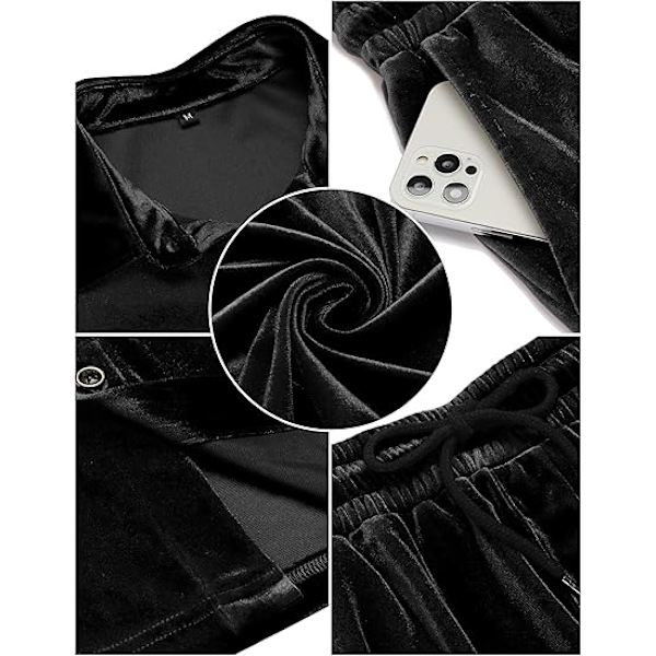 Miesten rento lyhyt setti sametti lyhythihainen napitettu paita 2 osainen asu urheiluasu Black L