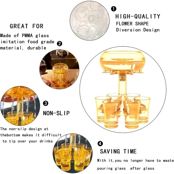 6 Shotsglas Dispenser og Holder, Akryl Gold