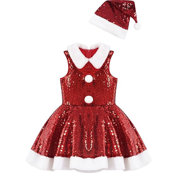 Julekjole for jenter med paljetter, Santa-kostyme, julekostyme, cosplay-kjole 130cm