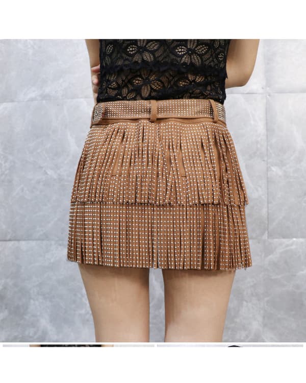 Dam Sparkle Rhinestone Franskjol Elastiskt Midjeband Kort Mini Klänning Brown 2XL
