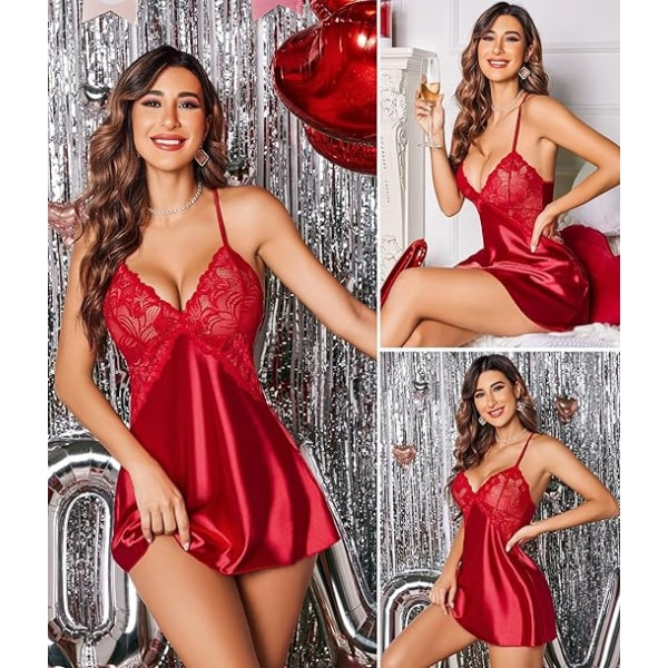 Kvinner Lingeri V-hals Nattkjole Blonder Satin Sleepwear Red S