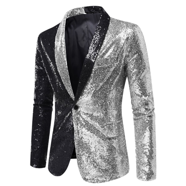 Sequin Glitter Blazer för män One Button Peak Collar Tuxedo Jacka black and silver S