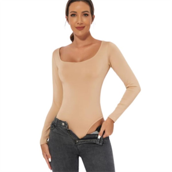 Slimmad långärmad jumpsuit för kvinnor med rund hals Almond S