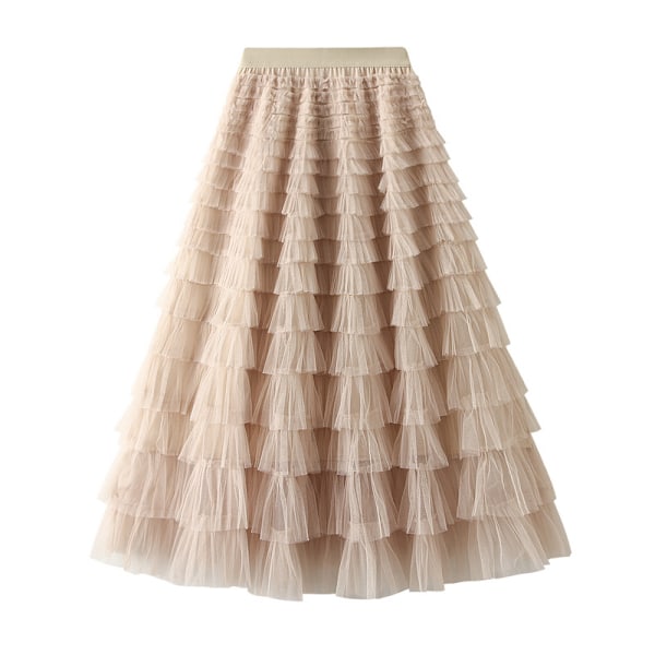 Dame Elastisk Talje Lagdelt Mesh Skørt Beige M