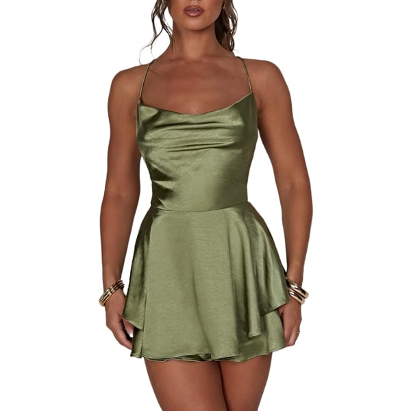 Sexy Rygfri Kort Romper Satin Kjole til Kvinder Green M