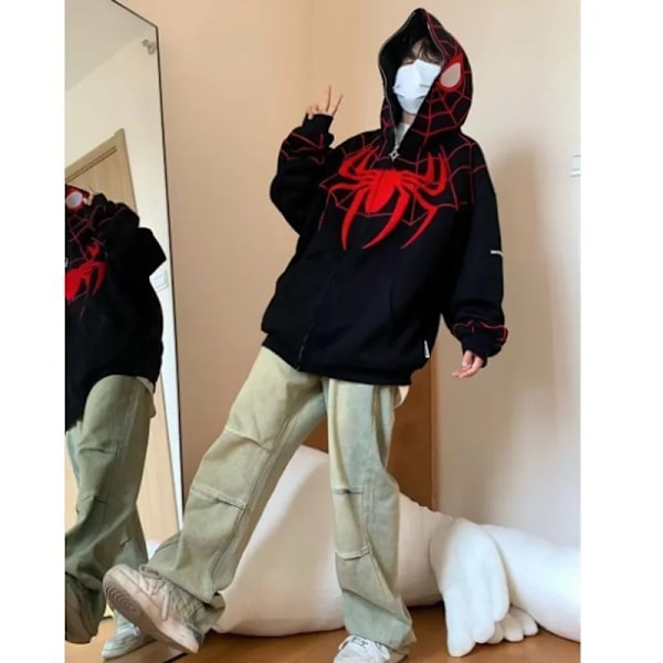 Huvtröja med dragkedja för män, spindelgrafik, långärmad black XL