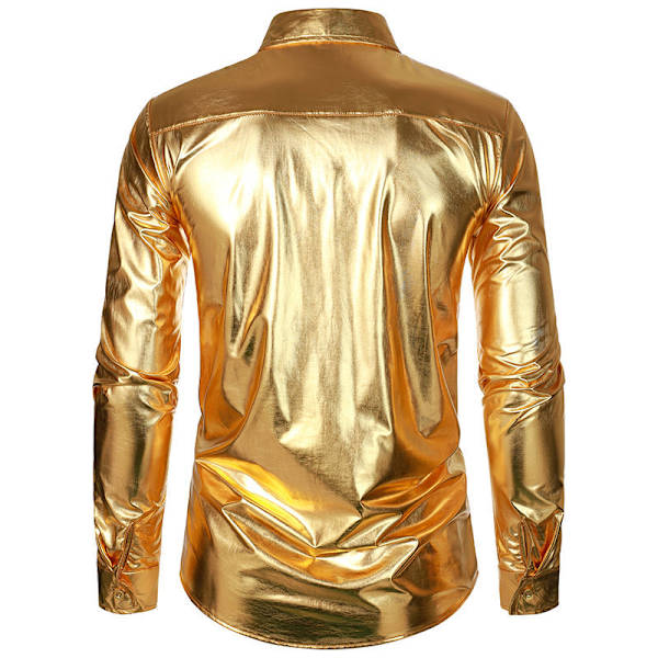 Miesten Luksus Kiiltävä Silkkimainen Satiini Napitettu Pukeutumispaita Gold 2XL
