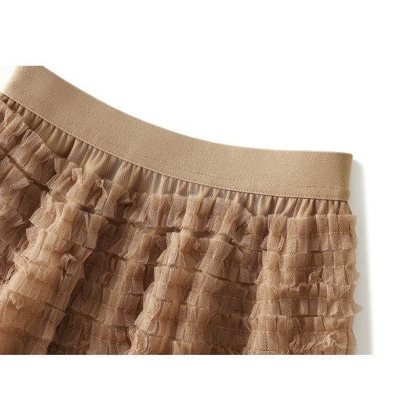Kvinnors Elastisk Midja Lagrad Mesh-kjol Brown L