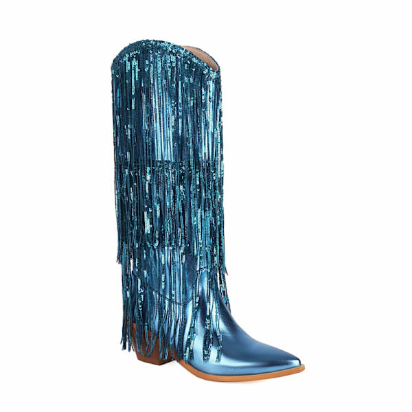 Glimtende Metallic Cowboy Støvler til Kvinder Blue 34