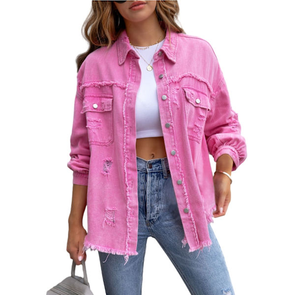 Dame Langærmet Denim Rippet Casual Lapeljakke Pink M