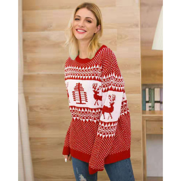 Dam Casual Slim Fit Stickad Fula Julkläder Red M