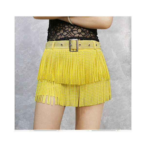 Dam Sparkle Rhinestone Franskjol Elastiskt Midjeband Kort Mini Klänning Yellow S