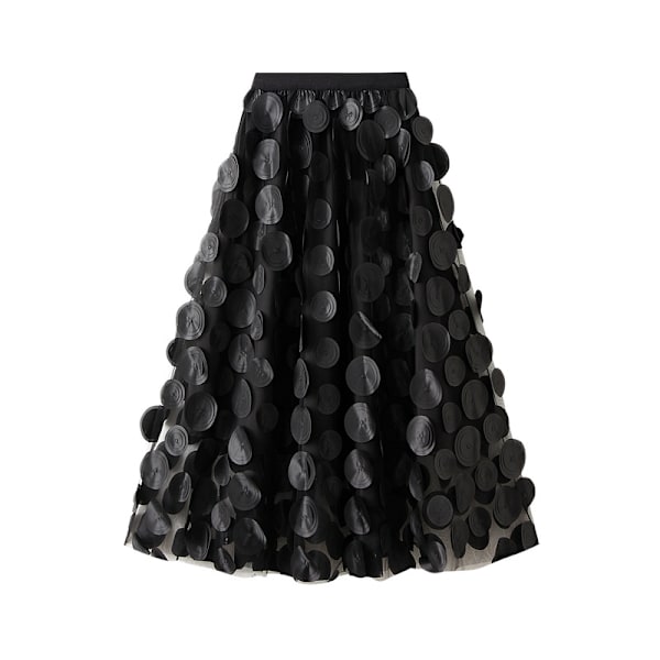 Dame Tyll Midi Skjørt 3D Polkadot Mesh Skjørt A-Linje Black