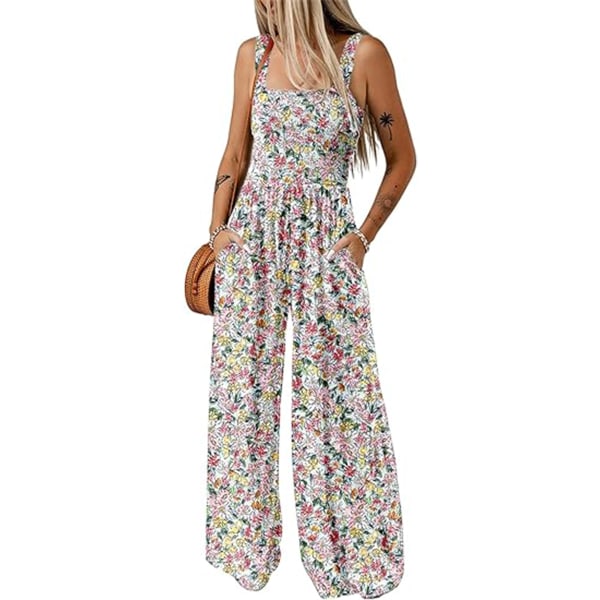 Dame Casual Løse Overalls Jumpsuits Enkeltstykke Ærmeløs Trykt Bredbenet Bukser white S