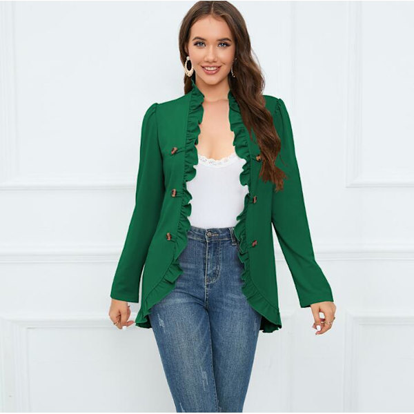 Kvinners Ruffled Lapel Knappelukking Jakke Green M