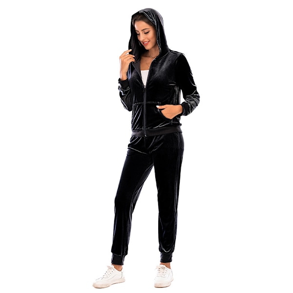 Träningsoverall för Kvinnor 2-delad Set Velour Sweat Outfits BLACK M