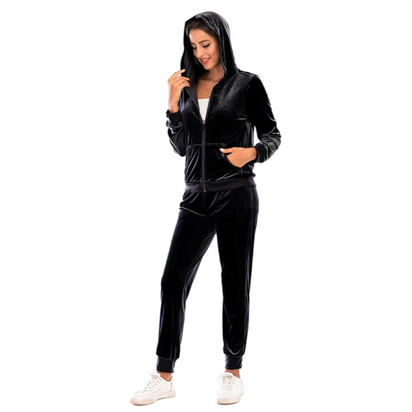 Träningsoverall för kvinnor Set 2-delade kostymer Velour Sweat Outfits BLACK XL