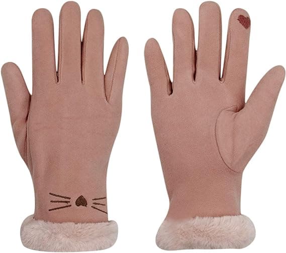 Dame Suede Handsker Søde Kat Fleeceforet Varme Handsker Pink
