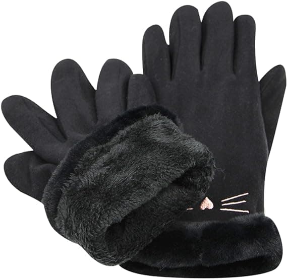 Dame Suede Handsker Søde Kat Fleeceforet Varme Handsker Black