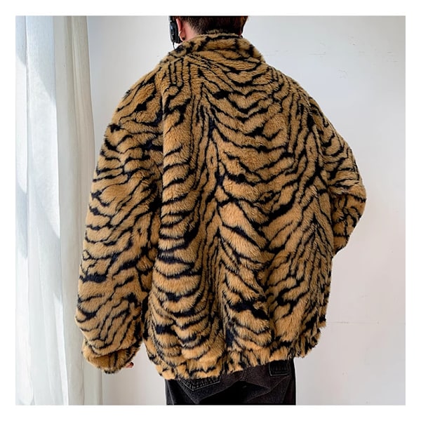 Mænds Vinter Kunstpelsjakke Tiger Print Oversize Yderbeklædning Yellow M