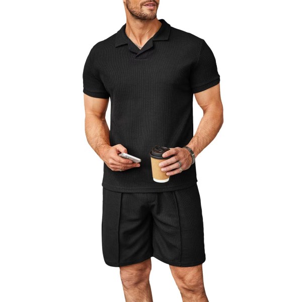 Herre Waffle Knit Polo Skjorte og Shorts Sett 2 Deler Antrekk Sommerdrakt Black M