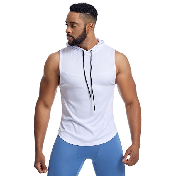 Träningslinne med huva för män, ärmlösa gymtröjor White 2XL