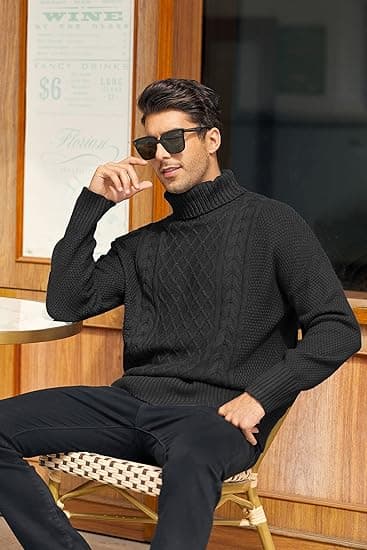 Hettegenser for menn, kabelstrikket vintergenser Black L