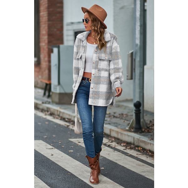 Dametøj Langærmet Casual Plaid Shacket Jakker Skjorter Lapel Tweed Peacoat Grey M