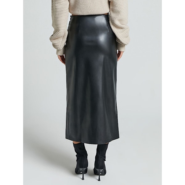 Kvinnors Högmidjade Split Thigh Lång Pu Läder Bodycon Kjol Black M