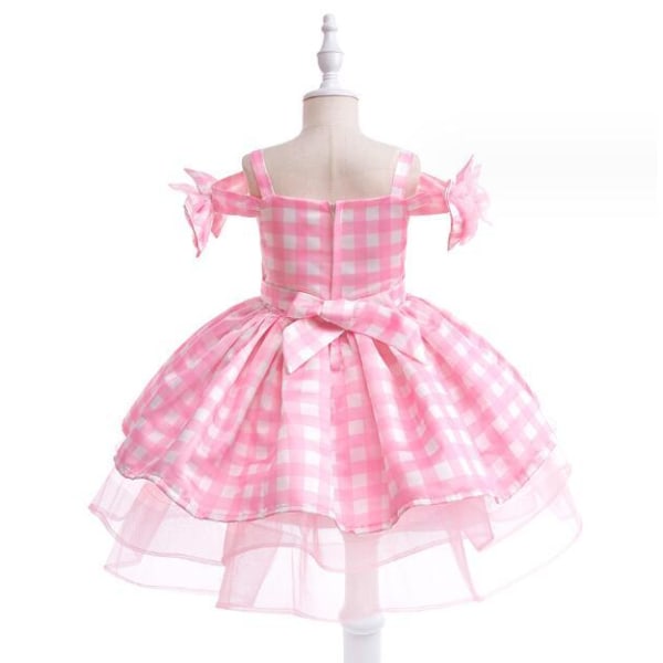 Flickors En-axlad Rosa Rutmönstrad Mesh Prinsessklänning 110CM