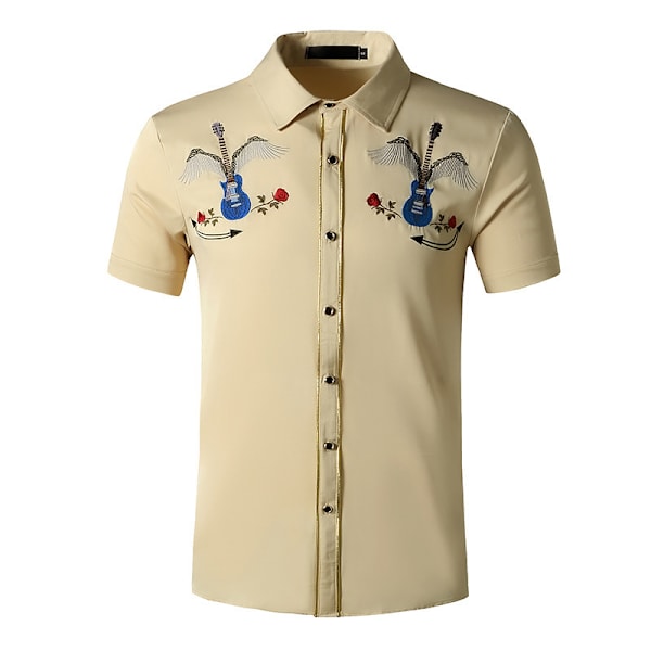 Herrar Western Skjorta Kortärmad Slim Fit Broderad Casual Skjorta khaki XL