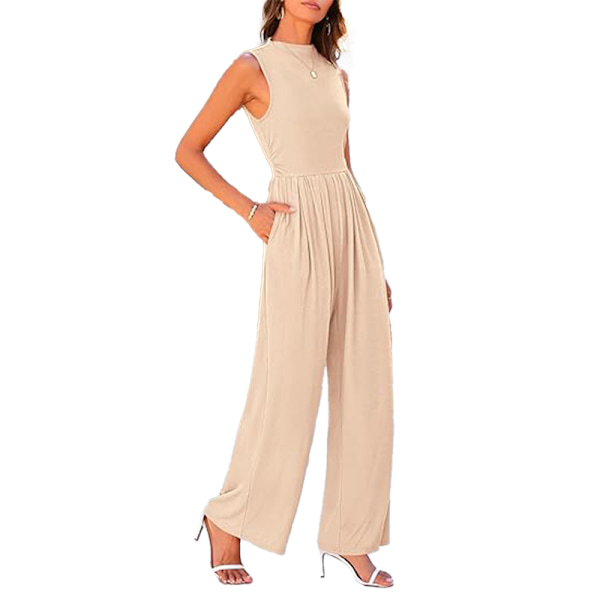 Sommarjumpsuit för kvinnor, elegant och avslappnad, endelskläder, ärmlös beige L