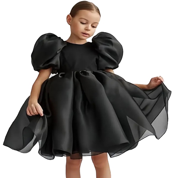 Tyttöjen Puhvihihainen Tyllihame Pyörähdys Babydoll Levenevä Juhlapuku Prinsessamekko Black 110cm
