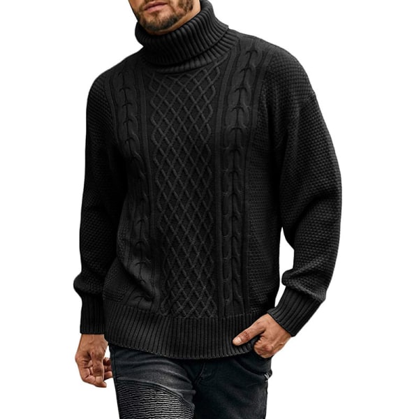 Mænds Højhalset Trøje Kabelstrikket Vintertrøjer Black XL