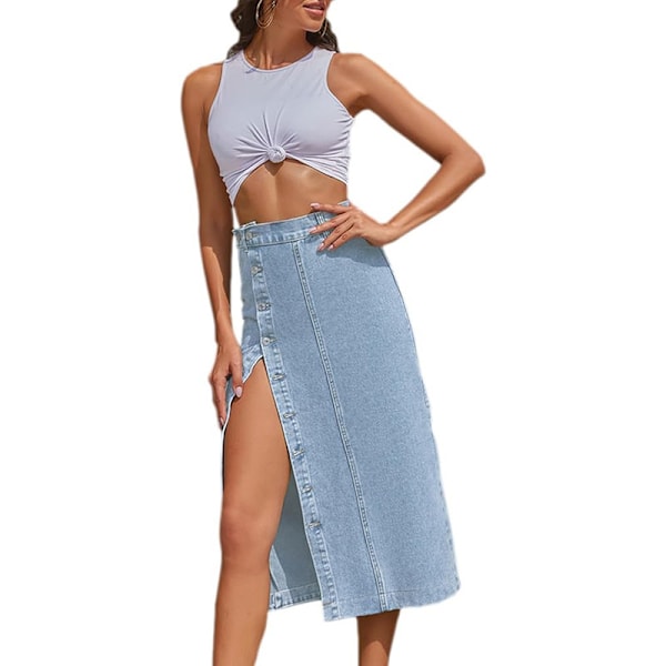 Naisten korkeavyötäröinen pestu nappikiinnitys denim-pitkähame Light Blue XS