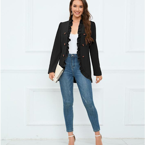Kvinners Ruffled Lapel Knappelukking Jakke Black S