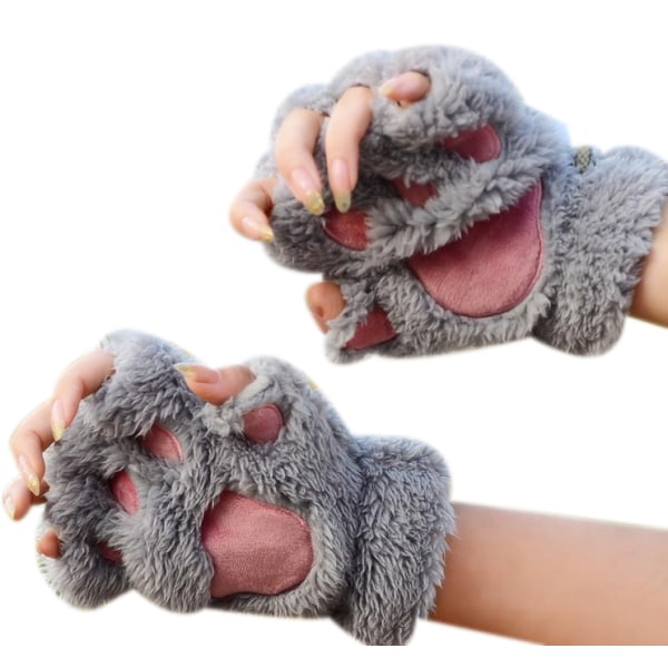 Cat Claw Paw Winter Plysch Half Finger Handskar Vante grey