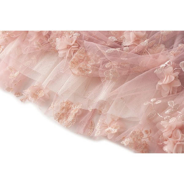 Damkjol Midi-kjol med Blommor Hög Midja A-linje Söt Lagerad Fe-Mesh Tulle Plisserad Kjole Apricot