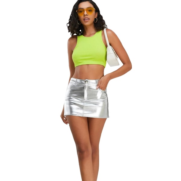 Dam Kjol, Hög Midja, Bodycon, Mini, Konstläder Silver M