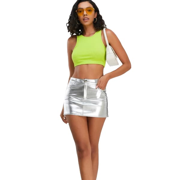 Dame Højtaljet Bodycon Mini Kort Kunstlæder Skørt Silver M
