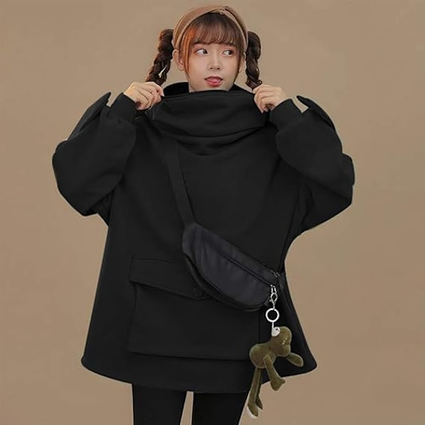 Dam Hoodie med Groda, Dragkedja vid Munnen, Huvtröja Black L