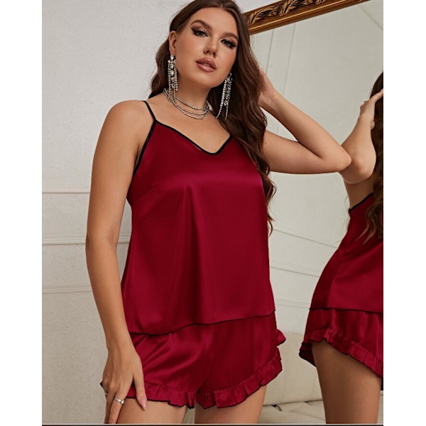 Silke Pyjamas til Kvinder Satin V-Hals Pyjamas Camisole Shorts Sæt red 4XL