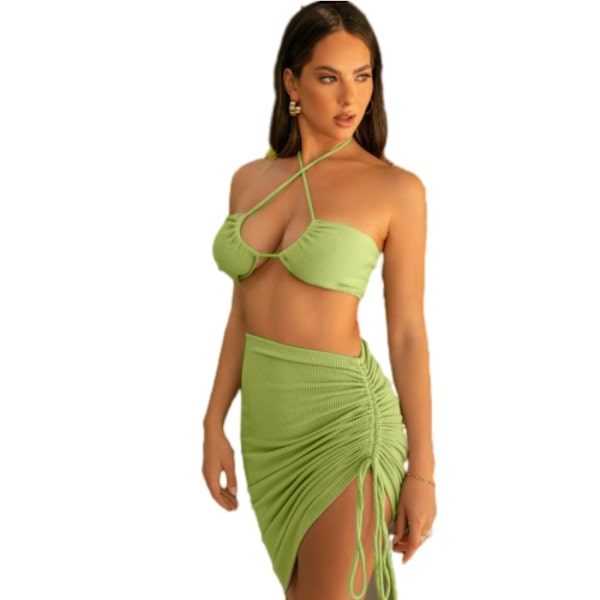 Naisten seksikäs ontto 2-osainen asu halter-kaula-auksella hihaton crop top -hame setti green M